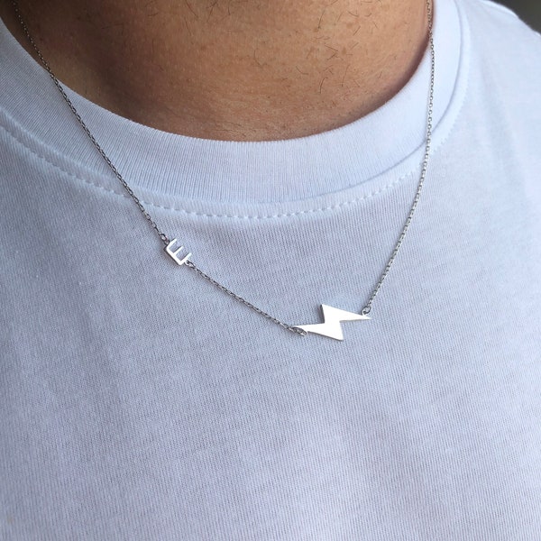 Lightning Bolt Necklace with Initial, Sterling Silver Initial Man Necklace, Personalized Gift Unisex Necklace Silver Gift Man Necklace