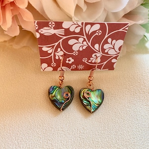 Abalone Shell Heart Shaped Wire Wrap Earrings, Natural Stone Earrings, Wire Wrapped Jewelry, Heart Jewelry