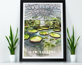 Kew Gardens-kunstafdruk: botanische aquarel waterleliehuis