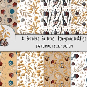Printable Pomegranates & Fig Paper Pack, botanical Digital Paper, Vintage Seamless Pattern, Scrapbook Digital Paper Bundle with Pomegranates