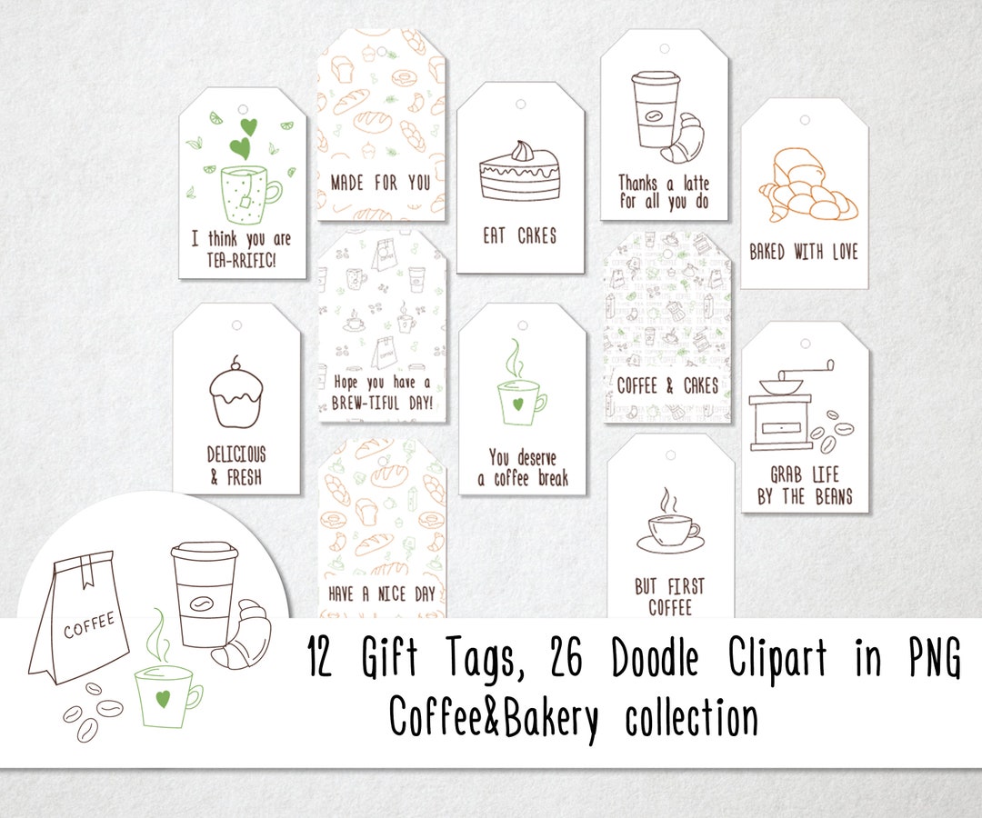Printable Coffee and Bakery Gift Tags, Doodle Bakery Collection of