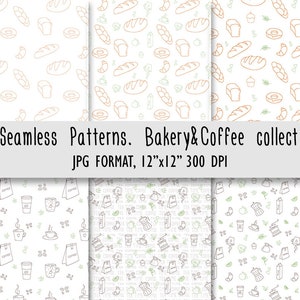 Bakery&Coffee-collectie, digitale papierset, naadloos patroon brood, koffie en gebak, scrappapier, stof, achtergrond, scrapbooking