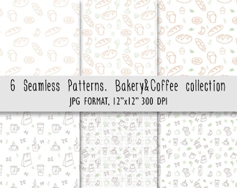 Bakery&Coffee Collection, Digital Paper Set, Bread, Coffee and Pastry Seamless Pattern, scrap paper, fabric, background, scrapbooking