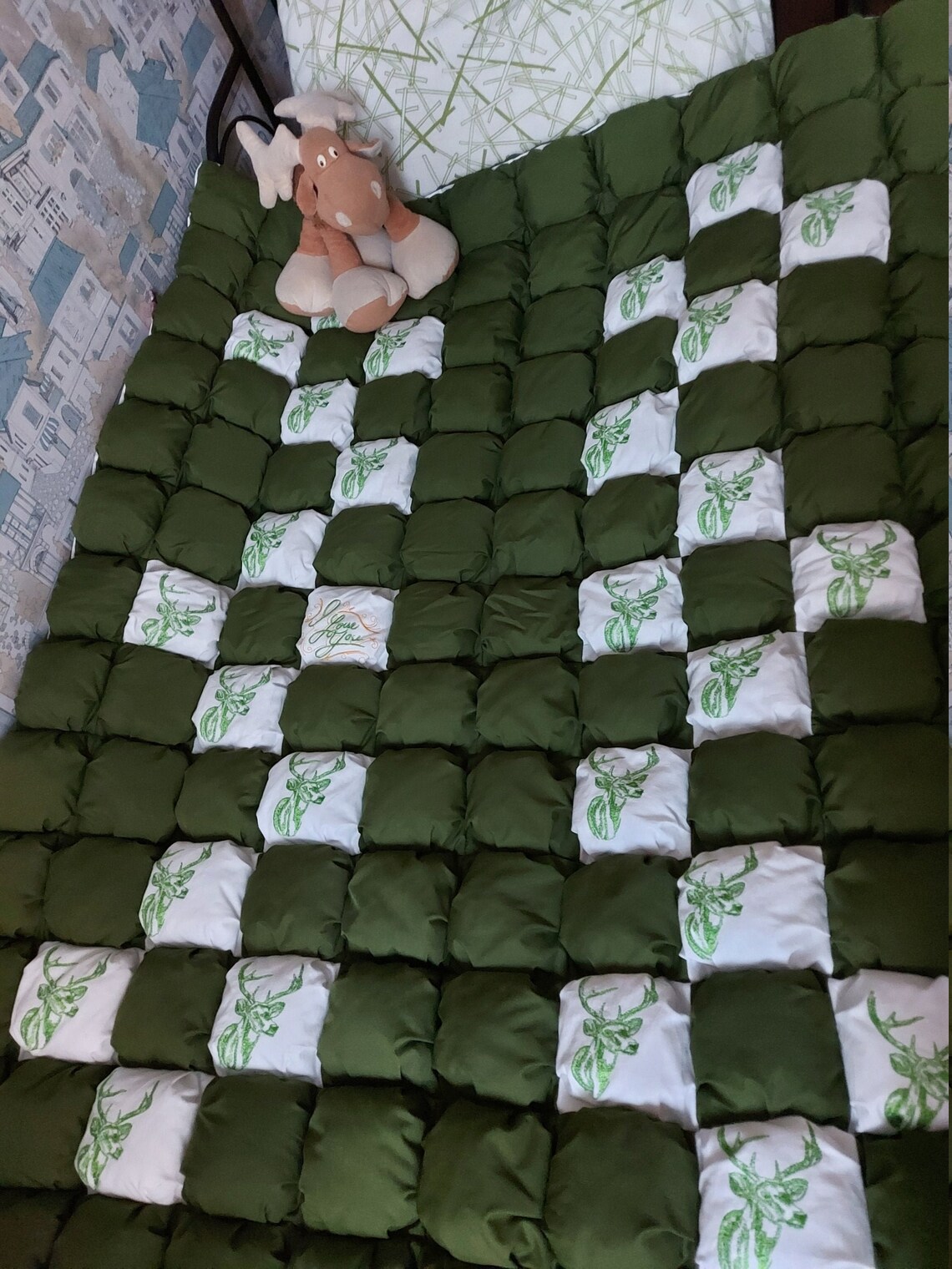 Stuffed Blanket Patchwork Blanket Green Blanket Plaid Etsy