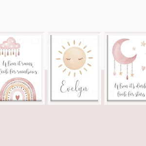 Girls Personalised Boho Prints A4 or A3 Nursery Set Of Unframed Pink Grey Prints Rainbow Moon Stars Sun Scandi