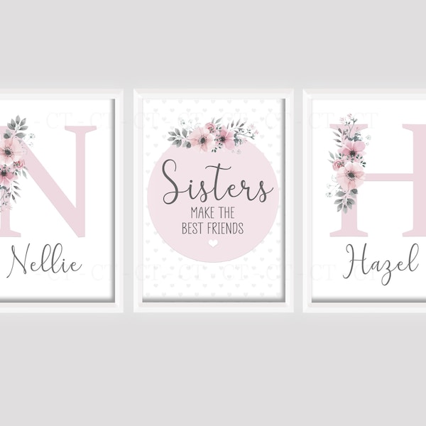 Girls Personalised Sister Prints A4 or A3 Nursery Set Of Unframed Pink Grey Flowers Shared Room