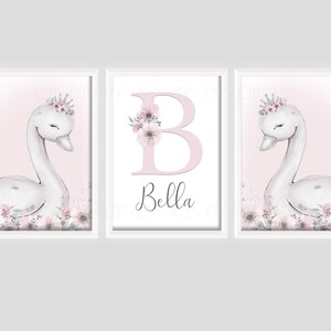 Swan Princess Girls Room A4 or A3 Nursery Set of Unframed Personalised ...