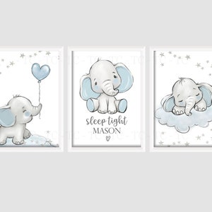 Baby Elephant Boys A4 or A3 Nursery Set Of Unframed Prints Grey Blue Animal Cloud Stars Balloon Sleep Tight