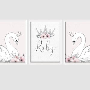 Swan Princess Girls A4 or A3 Nursery Set of Unframed Personalised ...