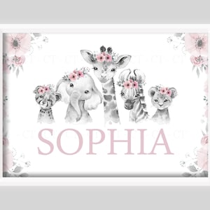 Personalised Safari Animal Zoo Jungle Girl Print UNFRAMED Birth Gift New Baby Keepsake Lion Elephant Giraffe Zebra Pink Flowers