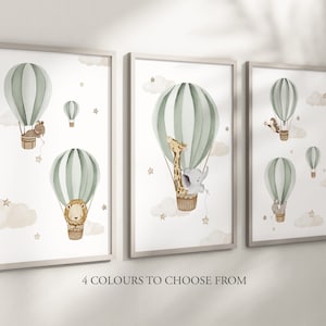 Láminas de animales con globos aerostáticos para guardería de bebés, tamaño A4 o A3, sin marco, para niño y niña, unisex, neutro, beige, verde, azul, bohemio, elefante, jirafa y león