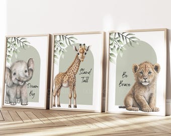 Safari Animal Elephant Giraffe Lion | Baby Girls Boys Set Unframed Nursery Prints | Unisex Neutral