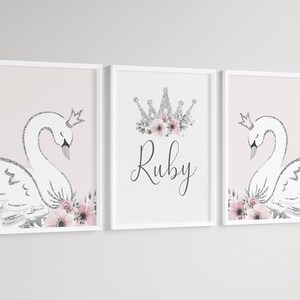 Swan Princess Girls A4 or A3 Nursery Set of Unframed Personalised ...
