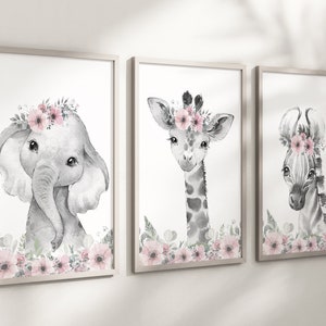 CHOOSE YOUR OWN! Safari Animal Elephant Giraffe Zebra Lion Girls A4 or A3 Nursery Set Of Unframed Prints Pink Grey Flowers & Leaves