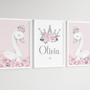 Swan Princess Girls Room A4 or A3 Nursery Set Of Unframed Personalised Prints Pink Grey Flowers Bedroom Crown Girly Wall Art