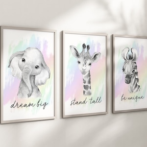 CHOOSE YOUR OWN! Safari Elephant Giraffe Zebra Lion Boys Girls A4 or A3 Nursery Set Of Unframed Prints Baby Pastel Rainbow Text Quote