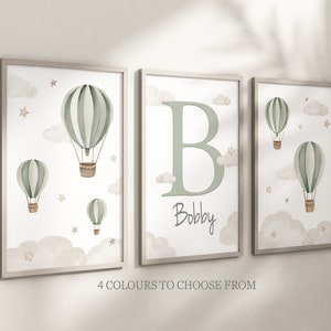 Baby Nursery Air Balloon Cloud Prints | A4 or A3 size | Stars | Boy Girl | Wall Art | Unisex Neutral Beige Natural Green Blue Pink Boho