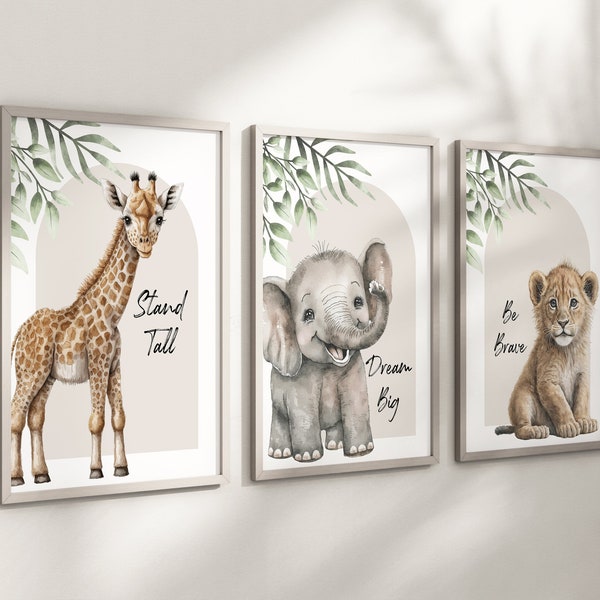 Safari Elephant Giraffe Lion Animal Baby Girls Boys A4 or A3 Nursery Set Of Unframed Prints Unisex Neutral Boho Quote Beige Green Jungle