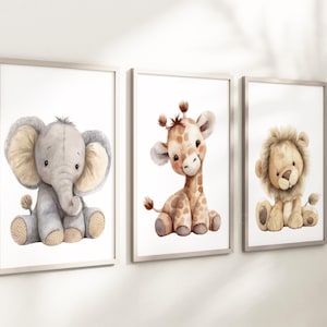 Safari Giraffe Lion Elephant Animal Baby Girls Boys A4 or A3 Nursery Set Of Unframed Prints Unisex Neutral Boho Beige Teddy Plush Zoo Jungle