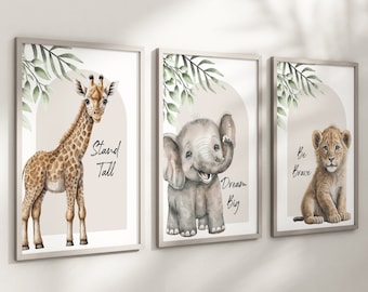 Safari Elephant Giraffe Lion Animal Baby Girls Boys A4 or A3 Nursery Set Of Unframed Prints Unisex Neutral Boho Quote Beige Green Jungle