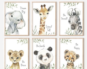 CHOOSE YOUR OWN! Safari Animal Jungle Elephant Giraffe Zebra Lion Boys Girls A4 or A3 Nursery Set Of Unframed Prints Leaves Foliage & Text