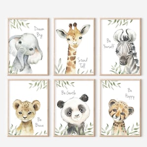 CHOOSE YOUR OWN! Safari Animal Jungle Elephant Giraffe Zebra Lion Boys Girls A4 or A3 Nursery Set Of Unframed Prints Leaves Foliage & Text