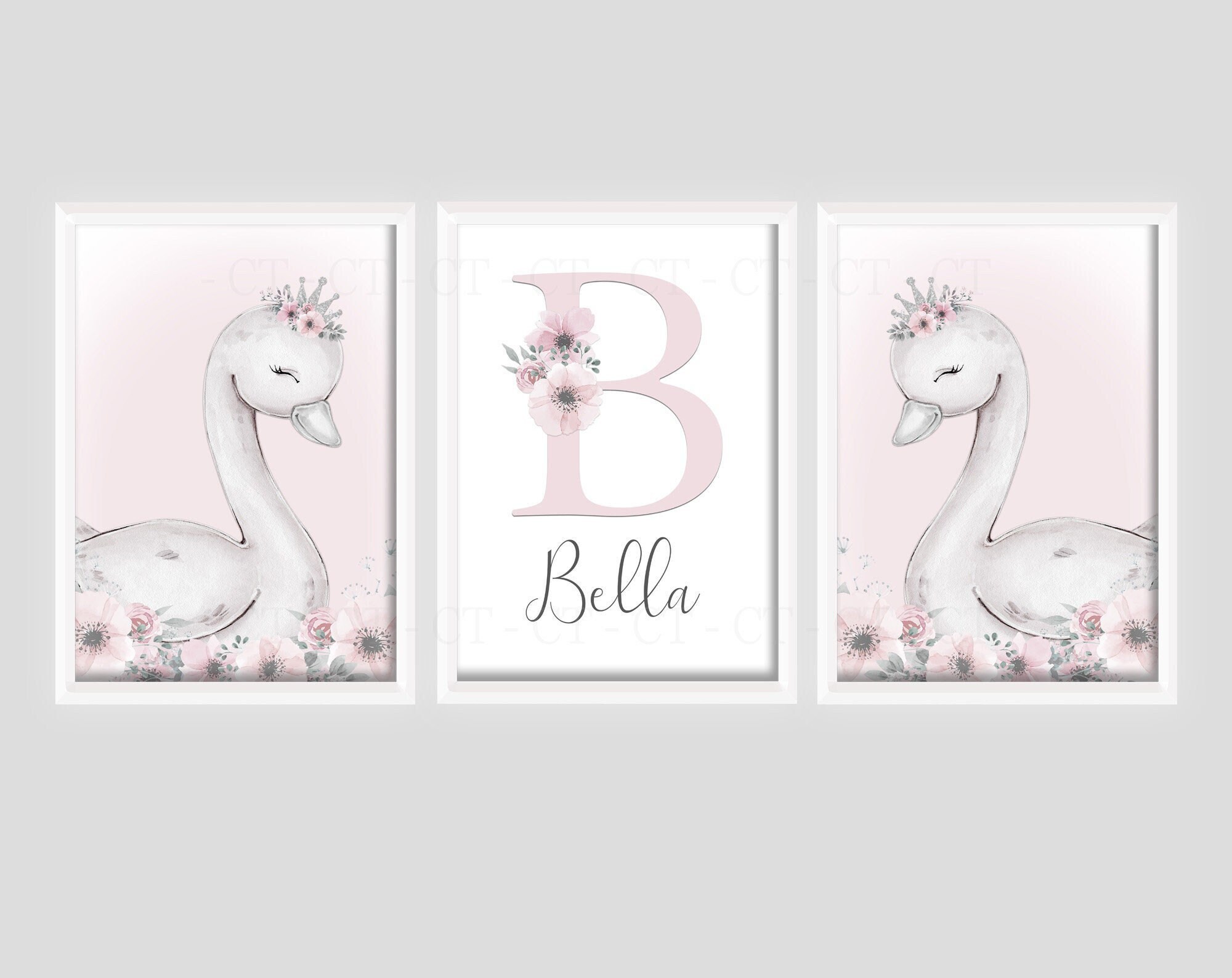 Swan Princess Girls Room A4 or A3 Nursery Set of Unframed Personalised ...