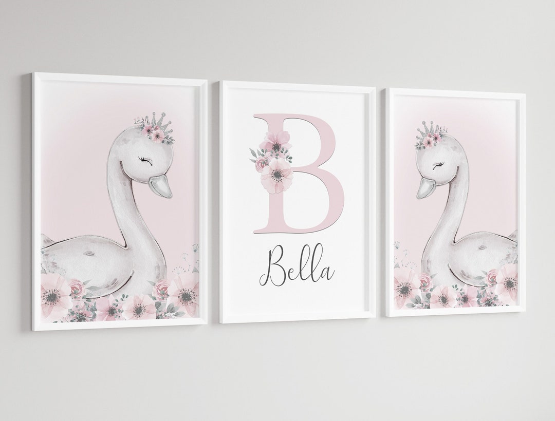 Swan Princess Girls Room A4 or A3 Nursery Set of Unframed Personalised ...
