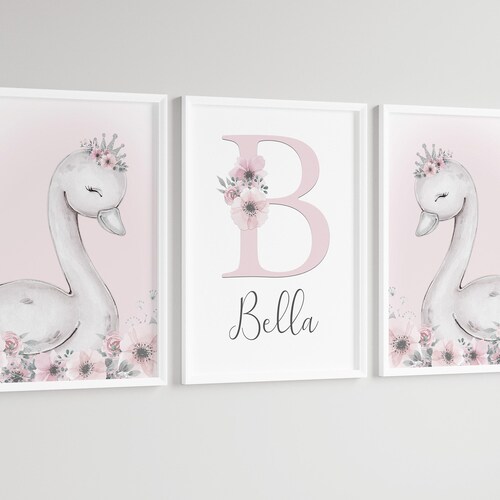 Swan Princess Girls Room A4 or A3 Nursery Set Of Unframed Personalised Prints Pink Grey Flowers Bedroom Crown Girly Wall Art