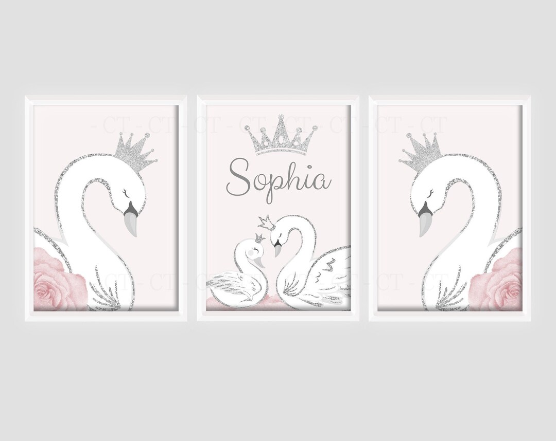 Swan Princess Girls A4 or A3 Nursery Set of Unframed Personalised ...