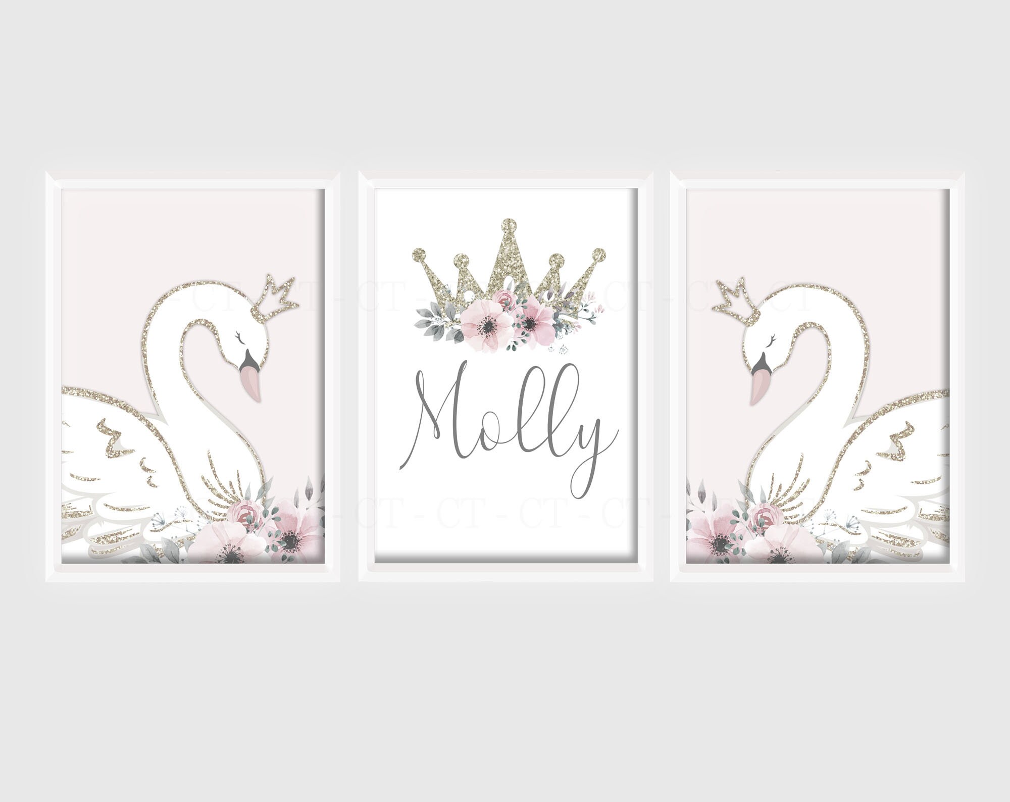 Swan Princess Girls A4 or A3 Nursery Set of Unframed Personalised ...