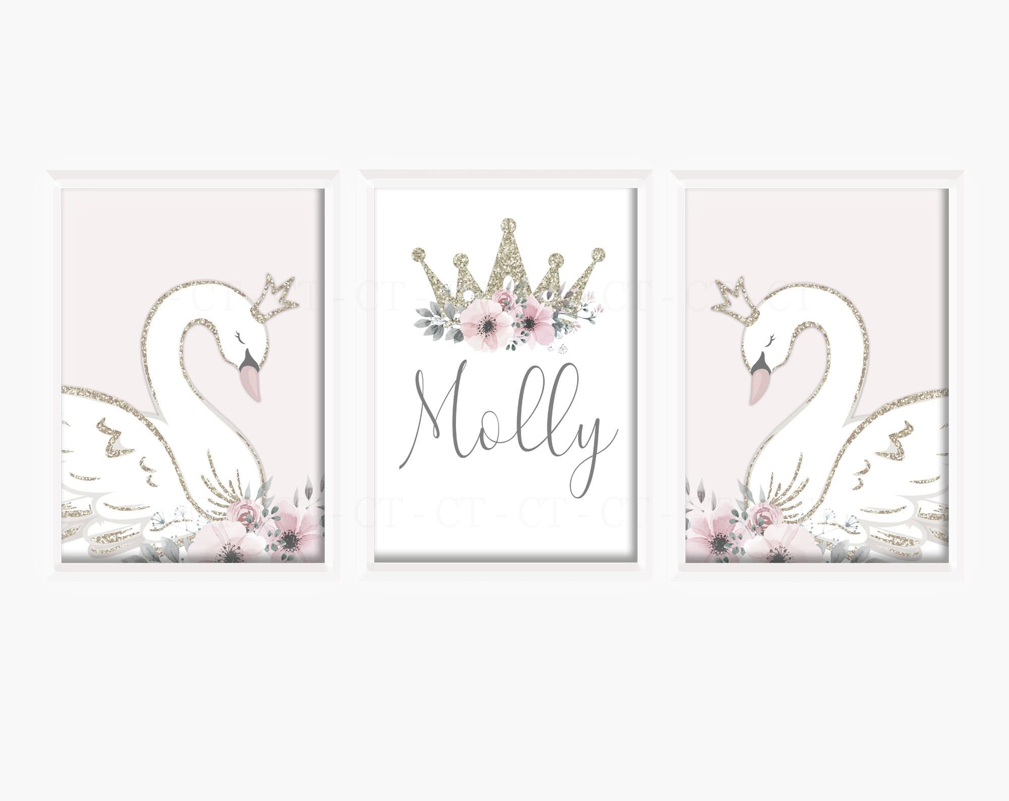 Swan Princess Girls A4 or A3 Nursery Set of Unframed Personalised ...