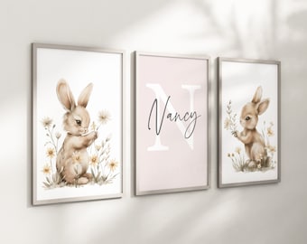 Bunny Rabbit Baby Girls Nursery | Set Of Unframed Prints | Pink Green Beige