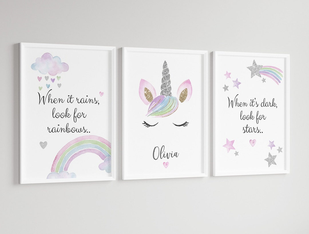 Unicorn Rainbow Stars Girls A4 or A3 Nursery Set of Unframed Girly ...