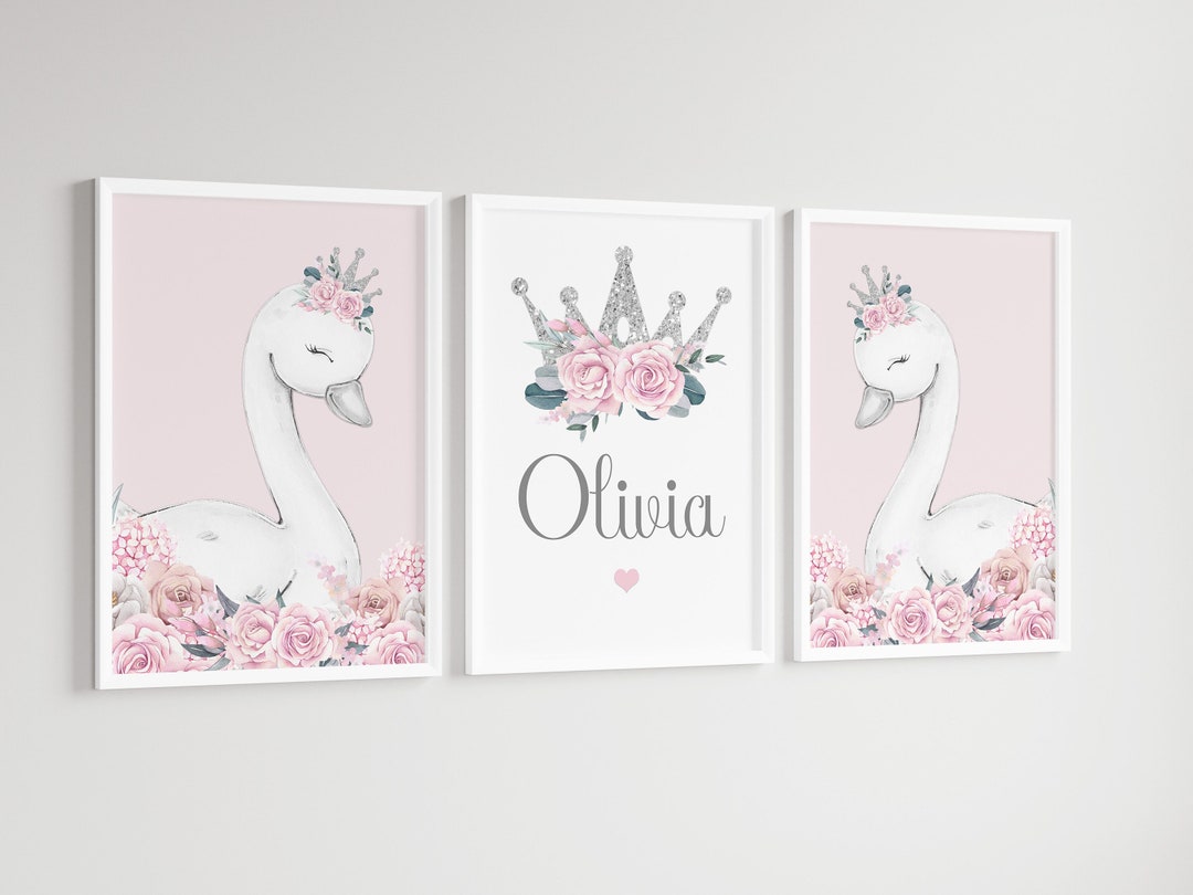 Swan Princess Girls Room A4 or A3 Nursery Set of Unframed Personalised ...