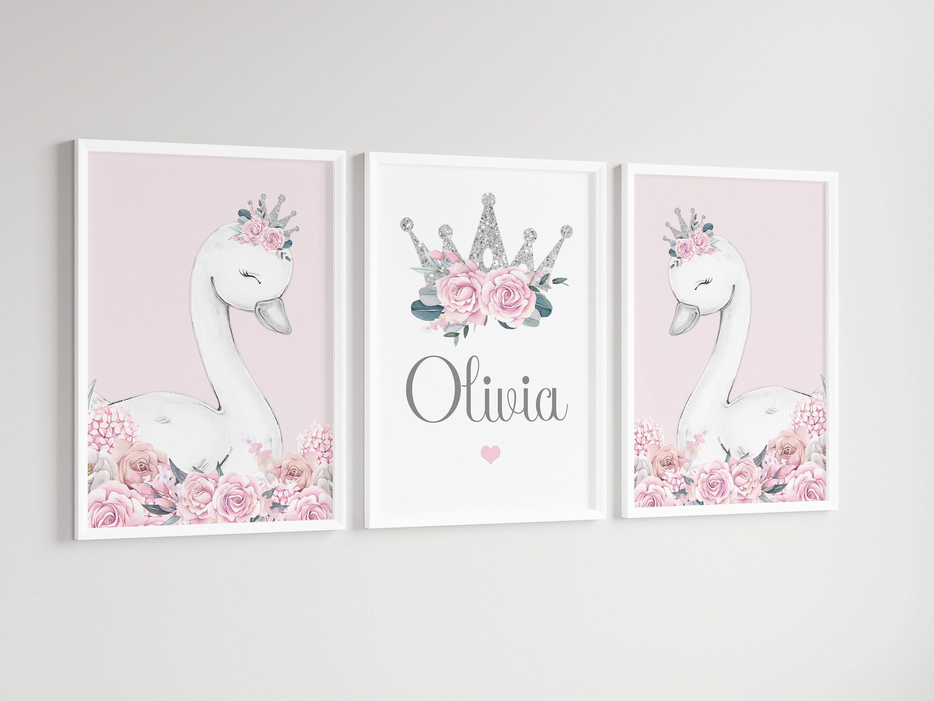 Swan Princess Girls Room A4 or A3 Nursery Set of Unframed Personalised ...