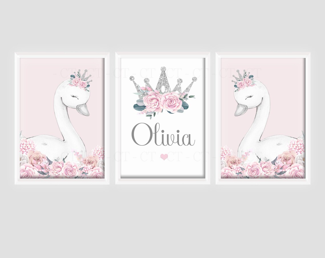 Swan Princess Girls Room A4 or A3 Nursery Set of Unframed Personalised ...