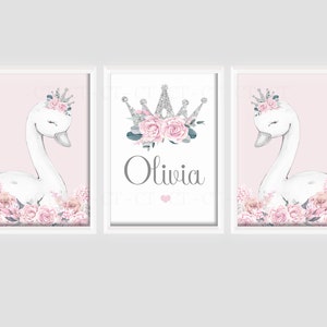 Swan Princess Girls Room A4 or A3 Nursery Set of Unframed Personalised ...