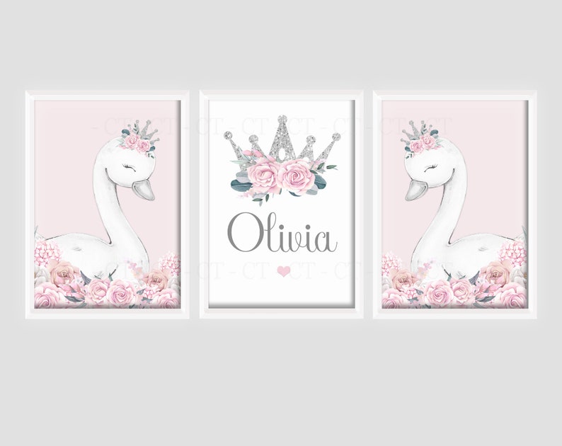 Swan Princess Girls Room A4 or A3 Nursery Set of Unframed Personalised ...