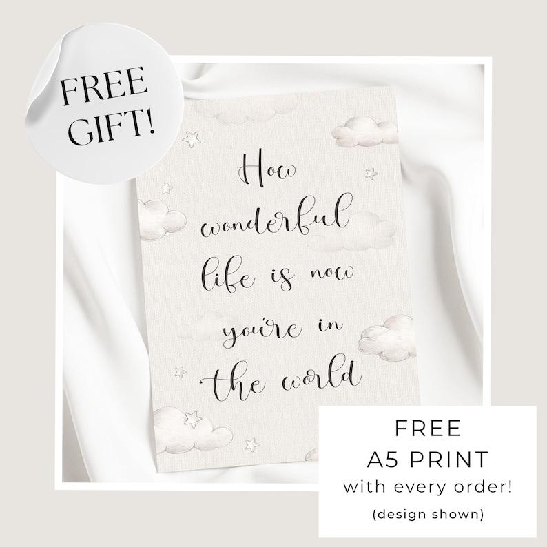 May include: A rectangular wall print featuring the black cursive text How wonderful life is now you're in the world. The background is a light cream color decorated with soft watercolor illustrations of fluffy clouds and small stars.