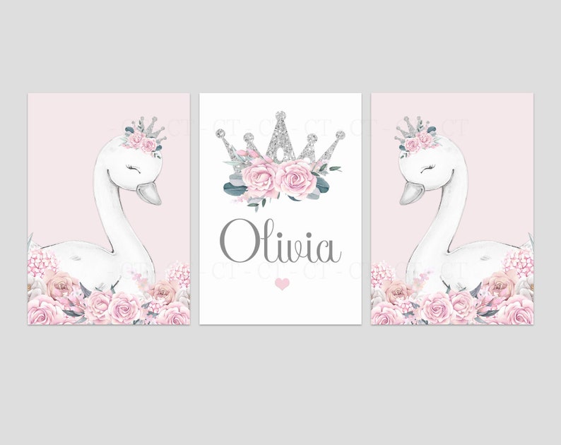 Swan Princess Girls Room A4 or A3 Nursery Set of Unframed Personalised ...