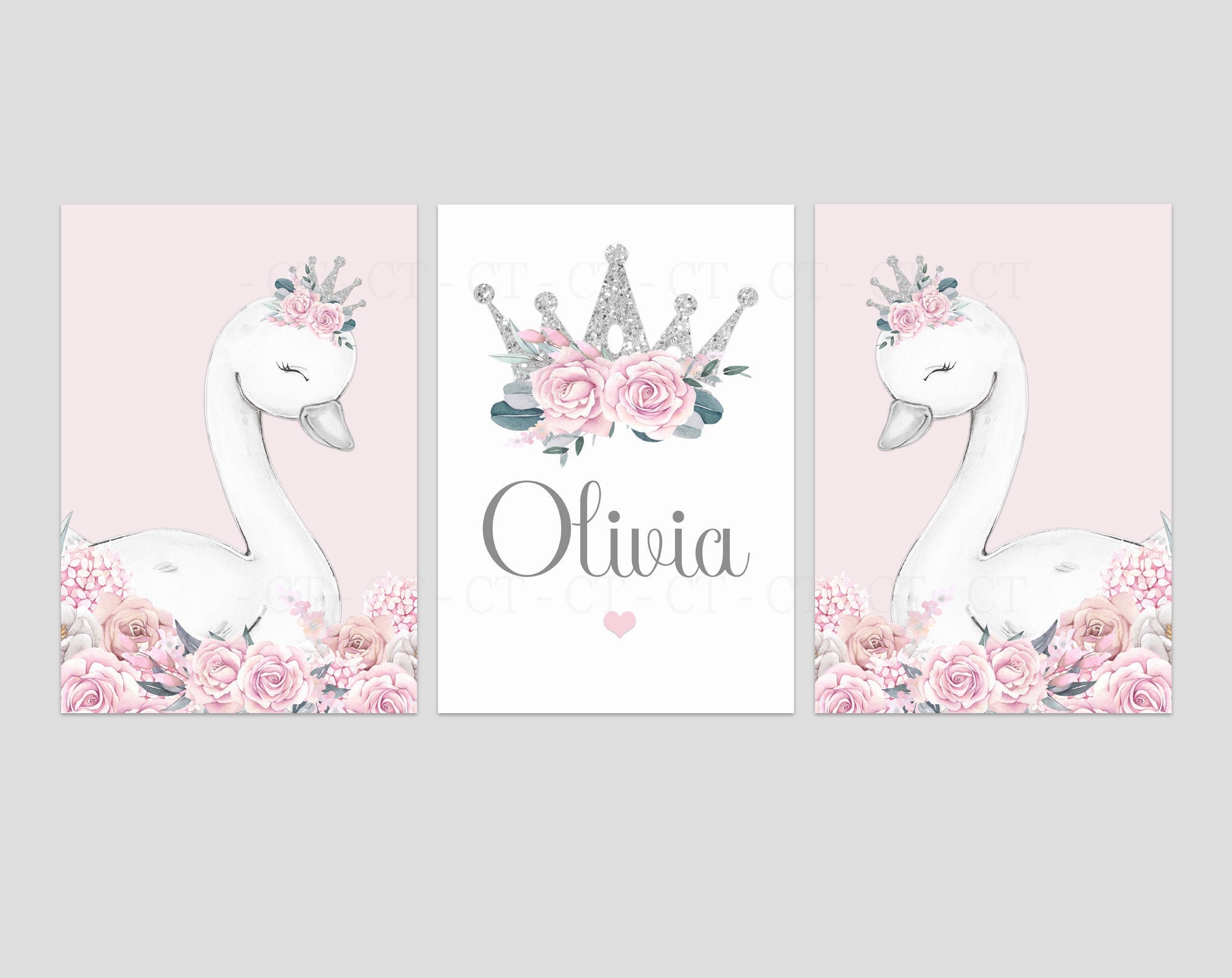 Swan Princess Girls Room A4 or A3 Nursery Set of Unframed Personalised ...