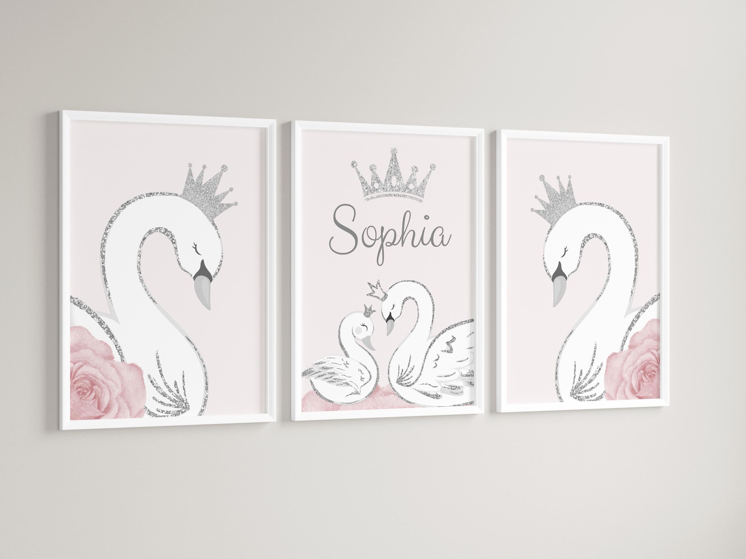 Swan Princess Girls A4 or A3 Nursery Set of Unframed Personalised ...