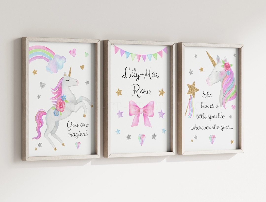 Unicorn Rainbow Stars Girls A4 or A3 Nursery Set of Unframed ...