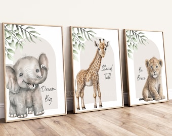 Safari Elephant Giraffe Lion Animal Baby Girls Boys Nursery Set Of Unframed Prints Unisex Neutral