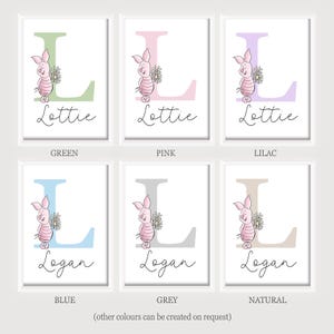 May include: Six framed wall art prints featuring the letter L in green, pink, lilac, blue, grey, and natural colors. Each print displays a pink piglet character holding a daisy and the name Lottie or Logan in black script text.