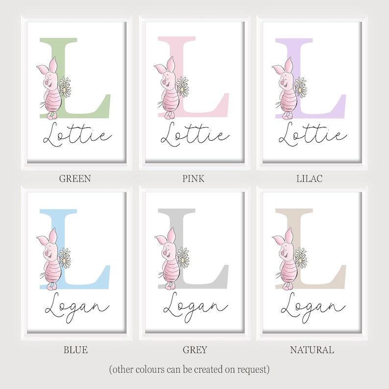 May include: Six framed wall art prints featuring the letter L in green, pink, lilac, blue, grey, and natural colors. Each print displays a pink piglet character holding a daisy and the name Lottie or Logan in black script text.