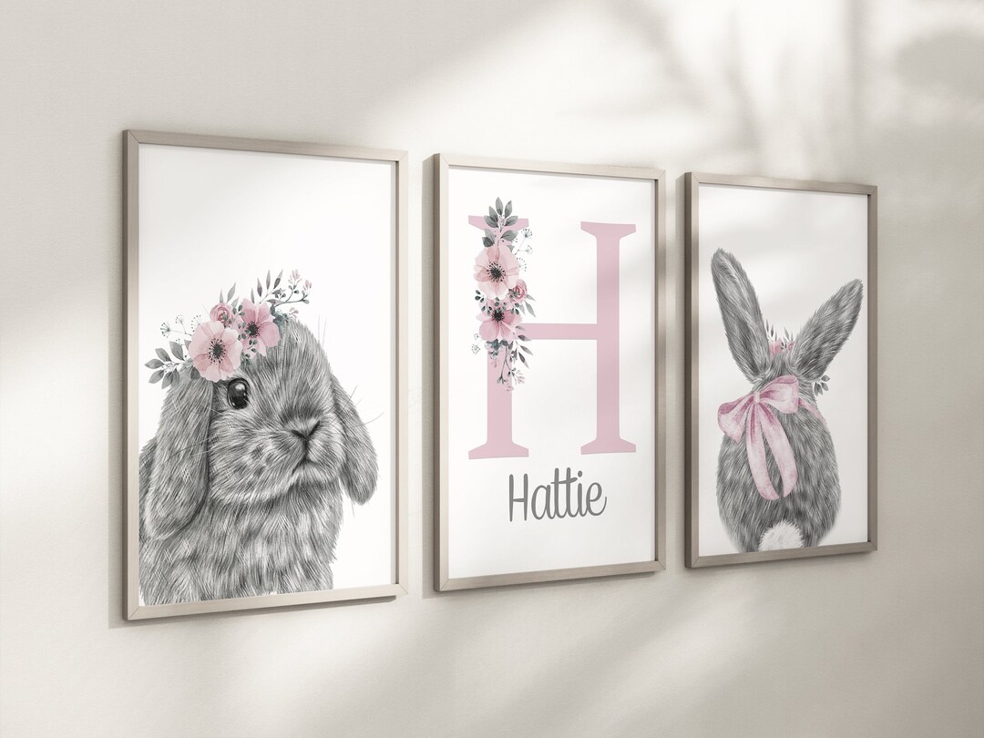 Bunny Rabbit Baby Girls A4 or A3 Nursery Set of Unframed Prints Pink ...