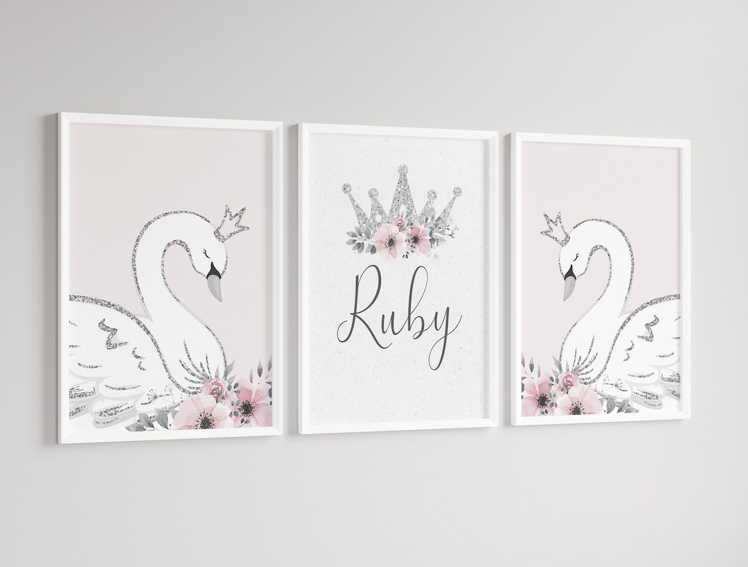 Swan Princess Girls A4 or A3 Nursery Set of Unframed Personalised ...
