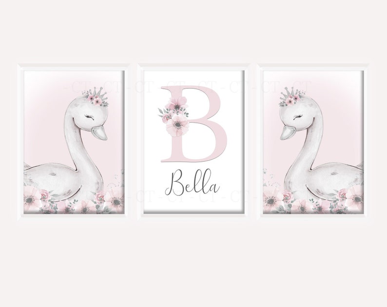 Swan Princess Girls Room A4 or A3 Nursery Set of Unframed Personalised ...